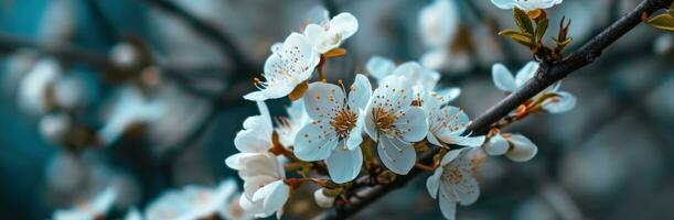 ai generado ramas de Cereza arboles son cubierto en blanco flores foto