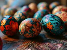 AI generated an image shows several hand painted easter eggs on a table photo