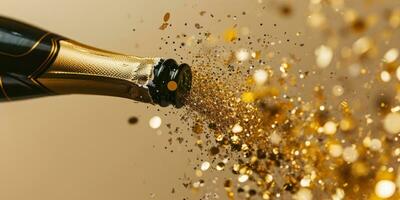 AI generated champagne bottle bursting with golden confetti on a beige background photo