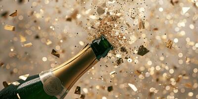 AI generated champagne bottle bursting with golden confetti on a beige background photo