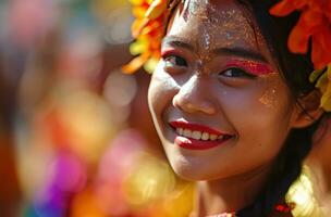 ai generado carnaval niña sonriente para el cámara a un desfile foto