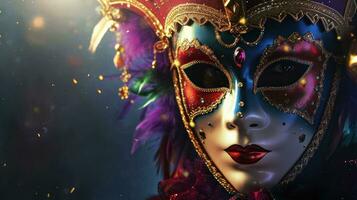 AI generated carnival mask poster template with large copy space for text photo