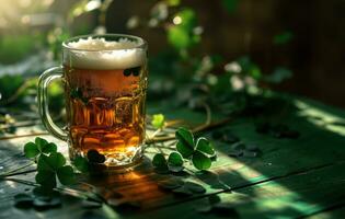 AI generated an irish beer with two clover leaves sitting on a green table photo