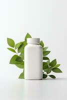 AI generated Blank cosmetic bottle with green leaves on white background photo