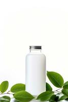 AI generated Blank cosmetic bottle with green leaves on white background photo