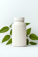 AI generated Blank cosmetic bottle with green leaves on white background photo