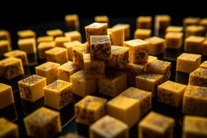 AI generated Close-up of a plate of yellow cheese cubes. photo