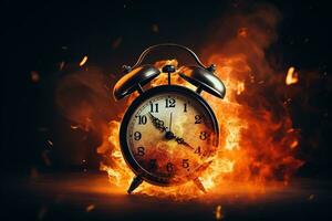 AI generated Alarm clock on fire background. Time is running out concept. photo