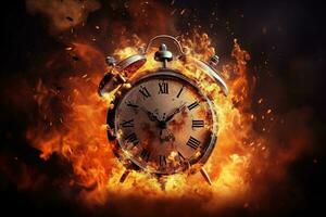 AI generated Alarm clock on fire background. Time is running out concept. photo