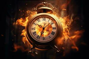 AI generated Alarm clock on fire background. Time is running out concept. photo