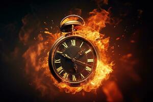 AI generated Alarm clock on fire background. Time is running out concept. photo