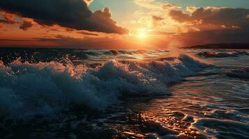 AI generated Beautiful sunset on the beach. Sea waves and splashes. photo