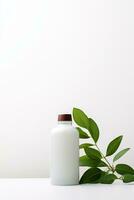 AI generated Blank cosmetic bottle with green leaves on white background photo