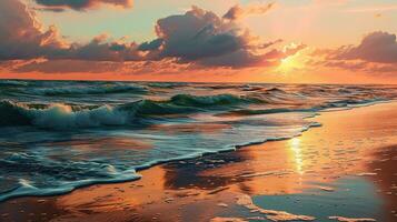 AI generated Beautiful sunset on the beach. Sea waves and splashes. photo