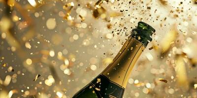 AI generated champagne bottle bursting with golden confetti on a beige background photo