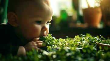 ai generado bebé chico paliza algunos verde tréboles foto