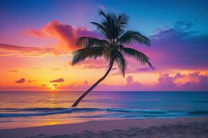 ai generado hermosa naturaleza tropical playa y mar con Coco palma árbol a puesta de sol hora para viaje y vacaciones foto