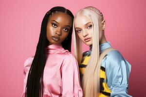 AI generated fashionable Two young multiracial women posing together isolated on pink background photo