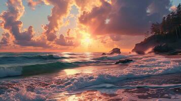 AI generated Beautiful sunset on the beach. Sea waves and splashes. photo