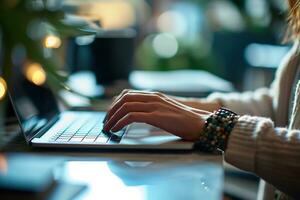 AI generated Close up of female hands typing on laptop keyboard at table in cafe photo