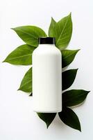 AI generated Blank cosmetic bottle with green leaves on white background photo