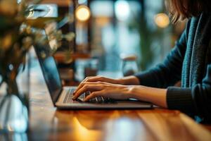 AI generated Close up of female hands typing on laptop keyboard at table in cafe photo