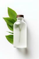 AI generated Blank cosmetic bottle with green leaves on white background photo