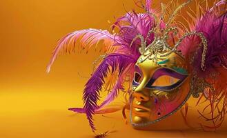 AI generated colorful mask on orange background with colorful feathers photo