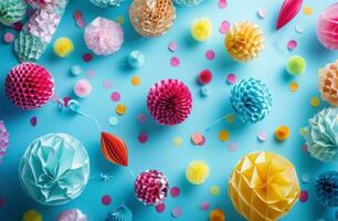 AI generated colorful party decorations on a blue background, photo