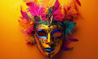 AI generated colorful mask on orange background with colorful feathers photo