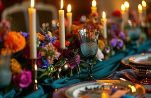 AI generated colorful wedding table settings with candles photo