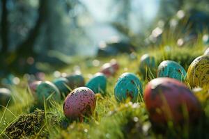 AI generated colorful easter eggs in a nest on a wooden table photo