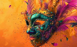 AI generated colorful mask on orange background with colorful feathers photo