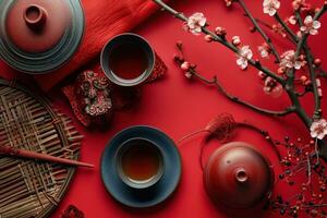 ai generado chino nuevo año, decoración de papel flor ventilador con tradicional flora en rosado antecedentes foto