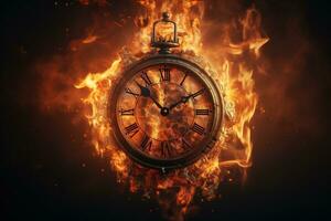 AI generated Alarm clock on fire background. Time is running out concept. photo