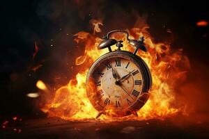 AI generated Alarm clock on fire background. Time is running out concept. photo