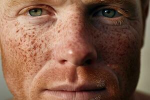 AI generated Close-up of freckled man looking at camera photo