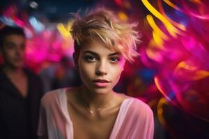 AI generated Portrait of a beautiful girl with short hair dancing in a nightclub photo