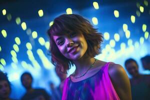 AI generated Portrait of a beautiful girl with short hair dancing in a nightclub photo