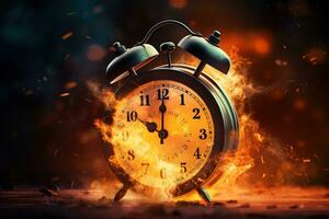 AI generated Alarm clock on fire background. Time is running out concept. photo