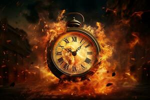 AI generated Alarm clock on fire background. Time is running out concept. photo