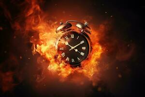 AI generated Alarm clock on fire background. Time is running out concept. photo