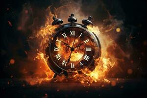 AI generated Alarm clock on fire background. Time is running out concept. photo