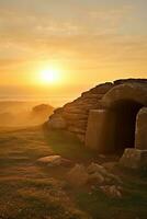 AI generated Sunrise over a megalithic tomb photo