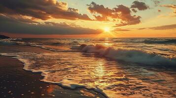 ai generado hermosa puesta de sol en el playa. mar olas y salpicaduras foto