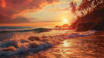 AI generated Beautiful sunset on the beach. Sea waves and splashes. photo