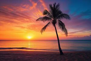 ai generado hermosa naturaleza tropical playa y mar con Coco palma árbol a puesta de sol hora para viaje y vacaciones foto