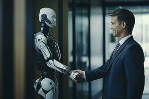 AI generated Businessman and robot shaking hands in modern office. Business concept. photo