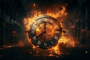 AI generated Alarm clock on fire background. Time is running out concept. photo