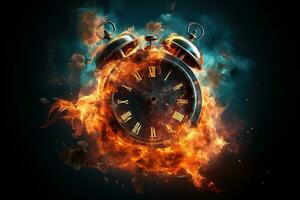 AI generated Alarm clock on fire background. Time is running out concept. photo